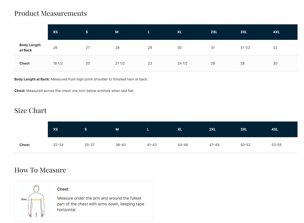 Size chart for both Class of 2020 shirt versions and all packs: XS through 4XL, garment back length, flat chest width, body chest ranges, and measuring instructions.