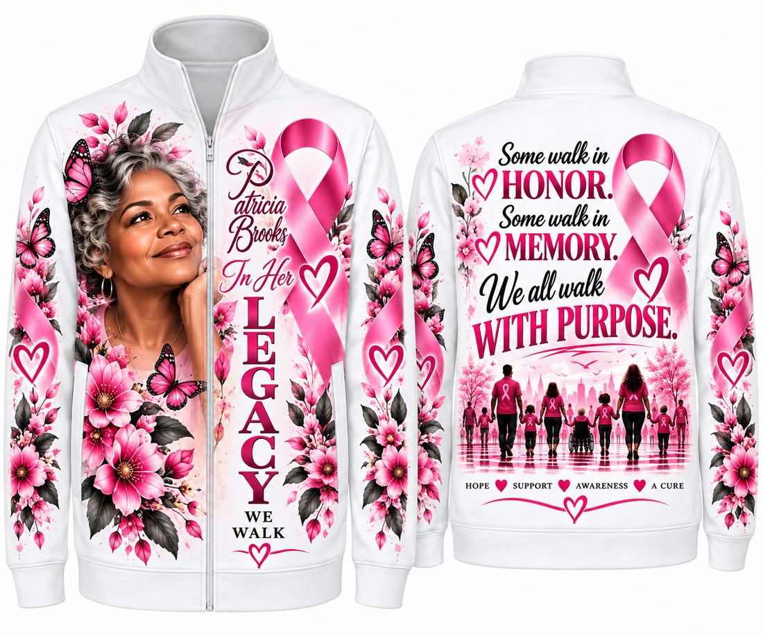 Personalized breast cancer walk zip-up jacket front and back mockup